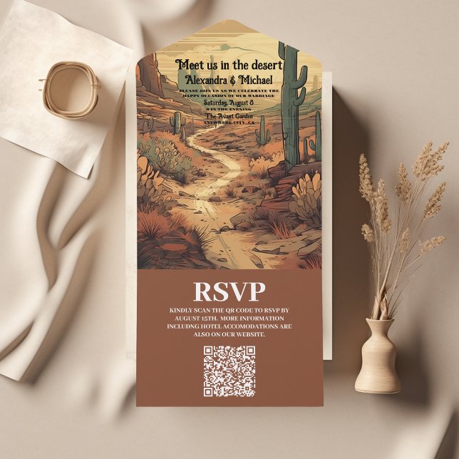 Invitation Tout En Un Boho Desert Cactus Code QR Mariage illustré (Créateur téléchargé)