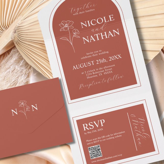 Invitation Tout En Un Boho Design Terracotta Rust Earth Tone | Code QR (Boho Design Terracotta Rust Earth Tone | QR code All In One Invitation)