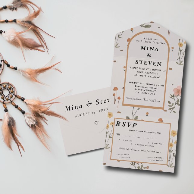 Invitation Tout En Un Boho Fleur sauvage beige Mariage (Créateur téléchargé)