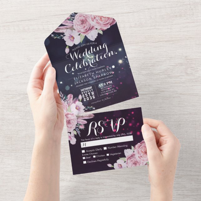 Invitation Tout En Un Boho Fleurs Plumes Violet Parkle Mariage RSVP (Déchirure)