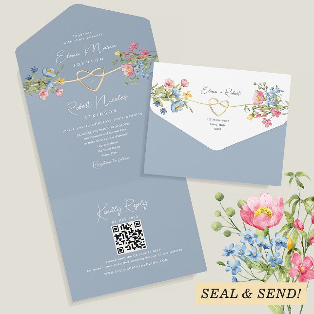 Invitation Tout En Un Boho Floral Dusty Mariage bleu (Créateur téléchargé)