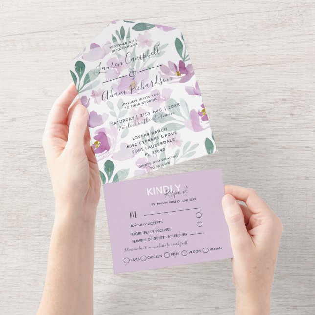 Invitation Tout En Un Boho Floral Purple Aquarelle Mariage (Déchirure)