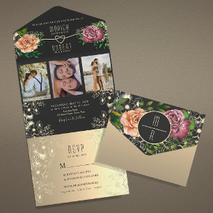 Invitation Tout En Un Boho Floral rose et noir Mariage