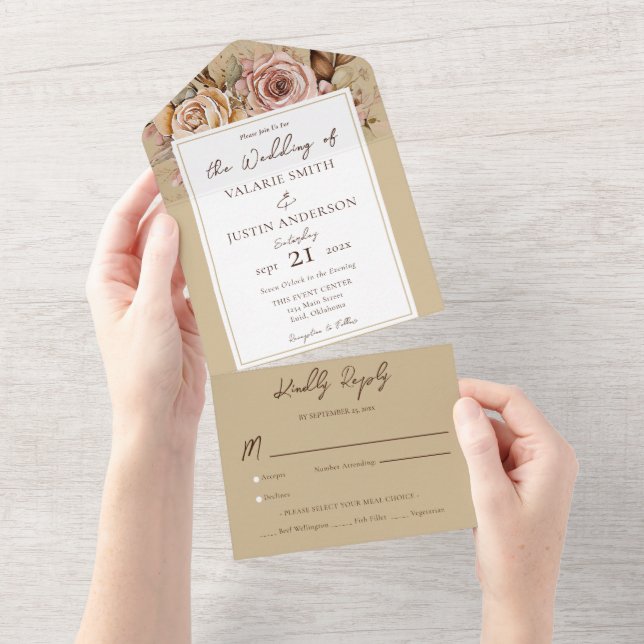 Invitation Tout En Un Boho Floral rose Mariage beige (Déchirure)