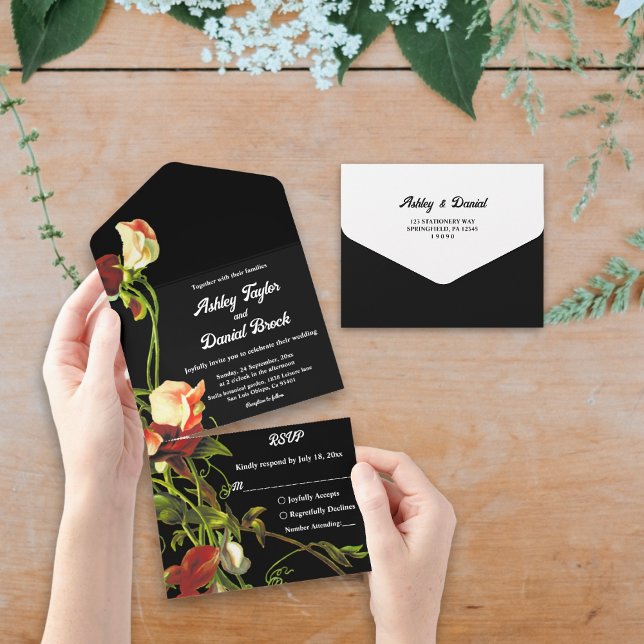 Invitation Tout En Un Boho Green Bourgogne Rose Black Floral Mariage (Créateur téléchargé)
