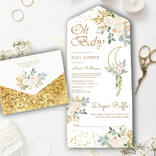 Invitation Tout En Un Boho Ivory Floral or Croissant Lune Baby shower