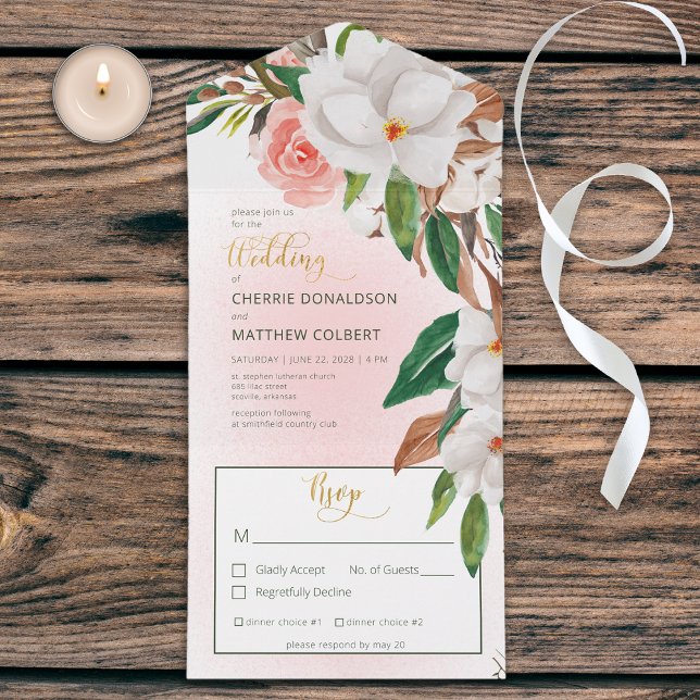 Invitation Tout En Un Boho Magnolia Floral & Dîner Rose Coton (Créateur téléchargé)