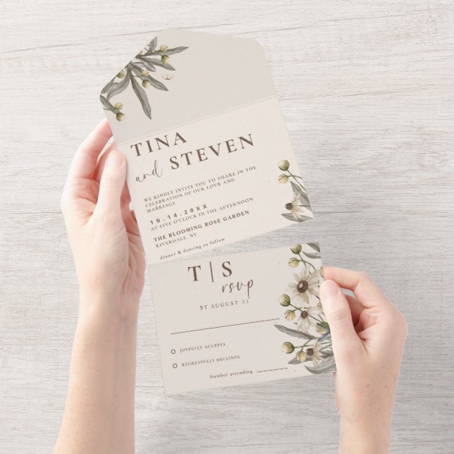 Invitation Tout En Un Boho Mariage Beige Botanique (Déchirure)