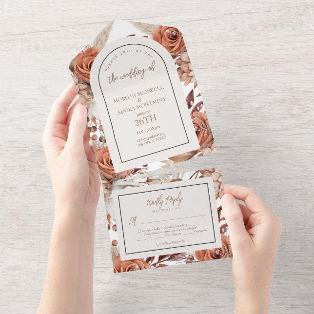 Invitation Tout En Un Boho Neutral Aquarelle Mariage Pampas (Déchirure)