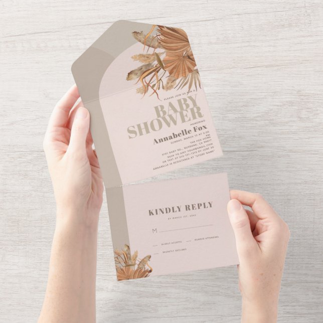 Invitation Tout En Un Boho Pampas Baby shower rose herbe (Déchirure)
