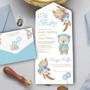 Invitation Tout En Un Boho Pampas Blue Floral Teddy Bear Baby shower