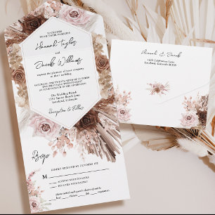 Invitation Tout En Un Boho Pampas Floral de laiton avec Mariage RSVP