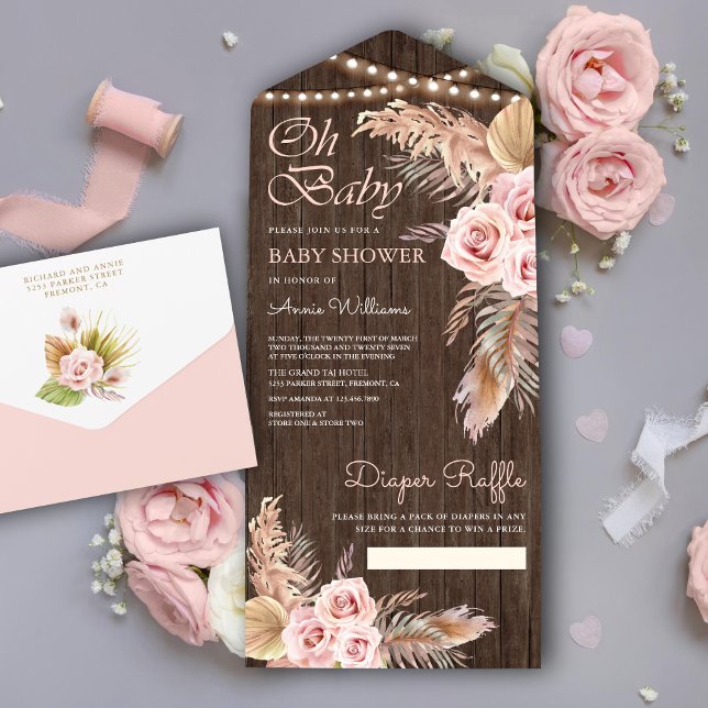 Invitation Tout En Un Boho Pampas Grass Dusty Rose Baby shower en bois (Créateur téléchargé)