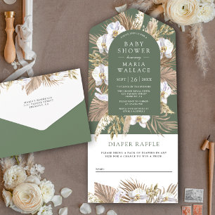 Invitation Tout En Un Boho Pampas Orchidée Blanche Vert Sauge Baby Showe