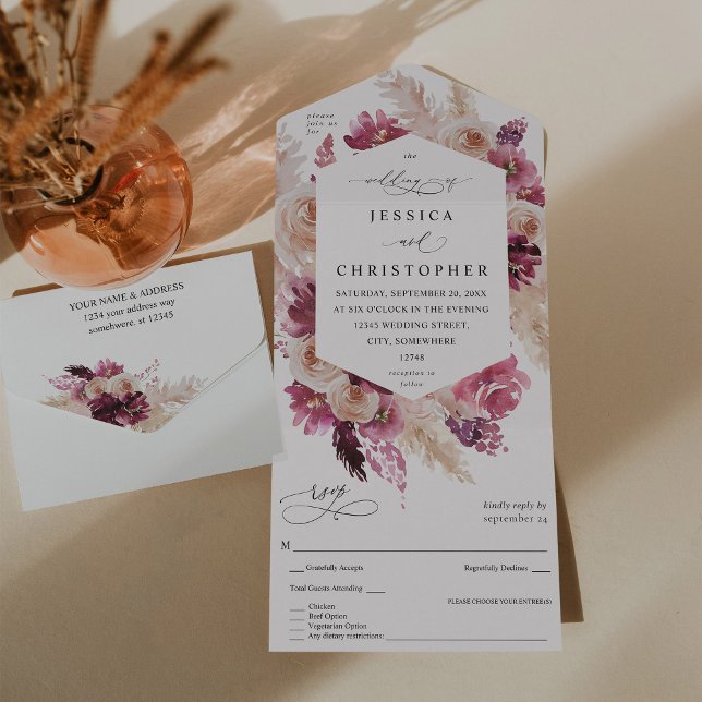 Invitation Tout En Un Boho Pampas rose Mariage de laiton (Créateur téléchargé)