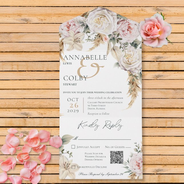 Invitation Tout En Un Boho Pampas & Roses roses blanches QR Code (Boho Pampas & Pink Roses White QR Code All In One Invitation)