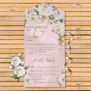 Invitation Tout En Un Boho Pampas & Roses Roses Roses Rose 3 Dîners