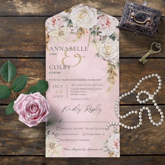 Invitation Tout En Un Boho Pampas & Roses Roses Roses Rose Dîner (Also available with a QR code or without dinner selection options.)
