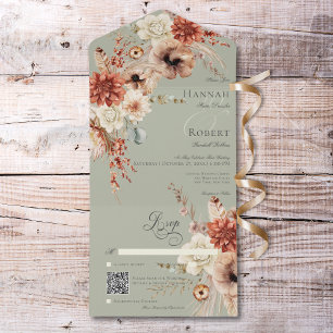 Invitation Tout En Un Boho Peach & Rust Floral & Feather Green QR Code