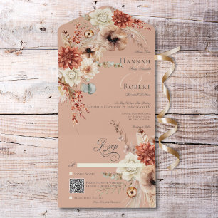 Invitation Tout En Un Boho Peach & Rust Floral & Feather Peach QR Code