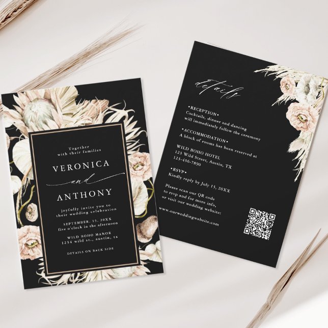 Invitation Tout en un Boho Protea Pampas Grass Mariage noir (Créateur téléchargé)