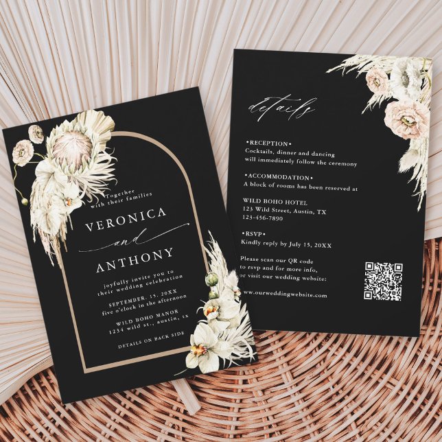 Invitation Tout en un Boho Protea Pampas Grass Mariage Noir (Créateur téléchargé)