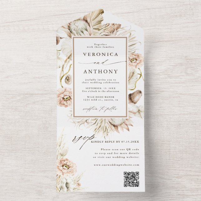 Invitation Tout En Un Boho Protea Pampas Grass Mariage QR Code (À l'intérieur)