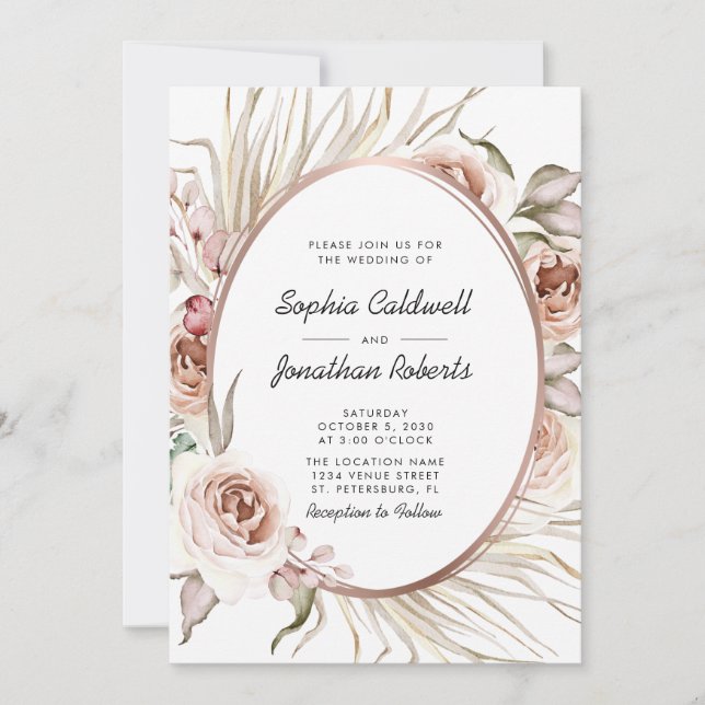 Invitation Tout en un Boho Rose Floral Mariage métal or (Devant)