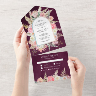 Invitation Tout En Un Boho rose vif Pampas Mariage de prune grasse