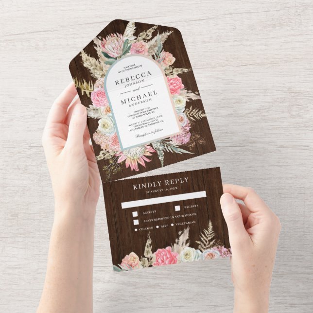 Invitation Tout En Un Boho rose vif Pampas Mariage en bois d'herbe (Déchirure)