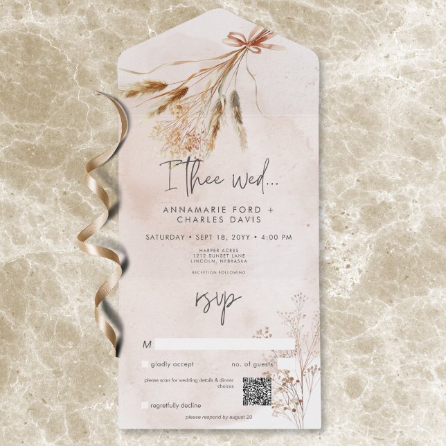 Invitation Tout En Un Boho Rustic Pampas & Bouquet d'herbe séchée QR Cod (Boho Rustic Pampas & Dried Grass Bouquet QR Code All In One Invitation)