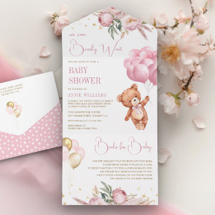 Invitation Tout En Un Boho Teddy Bear Balloons rose Baby shower Floral