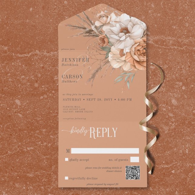 Invitation Tout En Un Boho Terracotta Pêche & Crème Floral QR Code (Boho Terracotta Peach & Cream Floral QR Code All In One Invitation)
