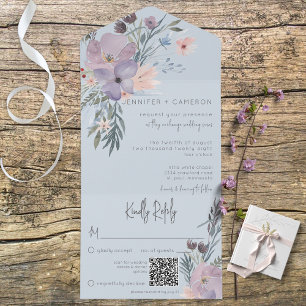 Invitation Tout En Un Boho violet rose et bleu Floral bleu QR Code