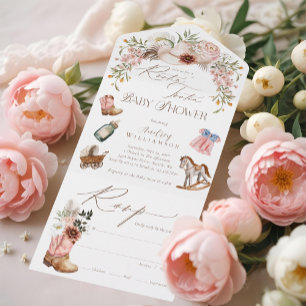 Invitation Tout En Un Boho Western Watercolor Petit Baby shower de fille