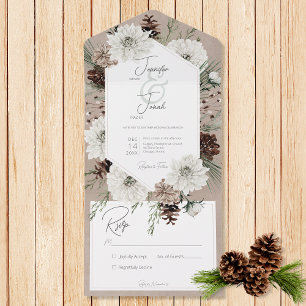 Invitation Tout En Un Boho Winter Blanc Floral & Pin Brown Pas de dîner