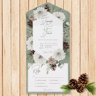 Invitation Tout En Un Boho Winter Blanc Floral & Pine Vert Dîner