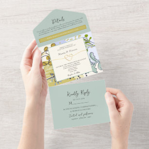 Invitation Tout En Un Boho Yellow et Sage Green Mariage