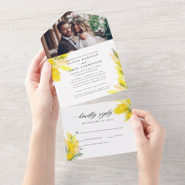 Invitation Tout En Un Boho Yellow Summer Fleur sauvage Rustic Photo Mari (Déchirure)