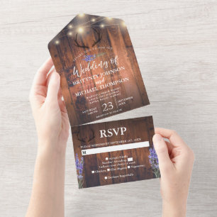Invitation Tout En Un Bois Antler Chaîne Lumière Lavender Mariage