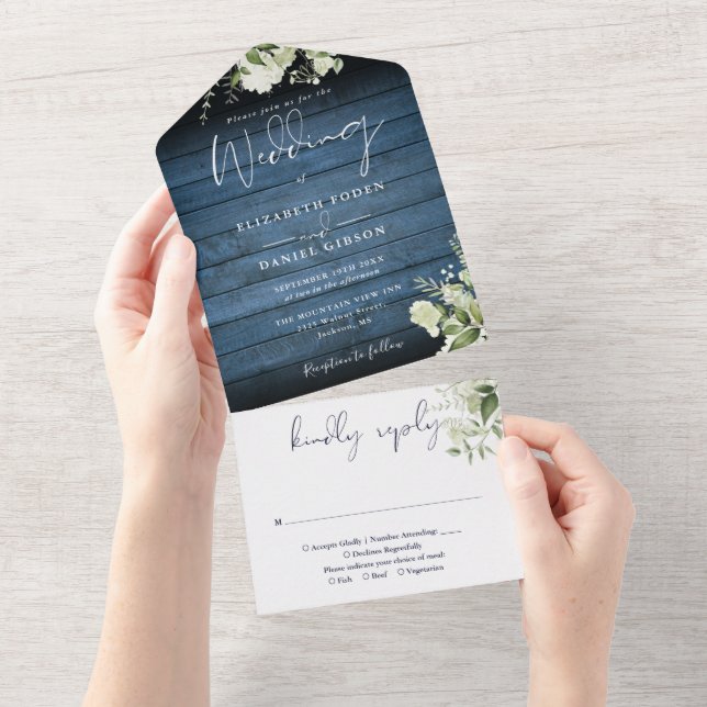 Invitation Tout En Un Bois bleu rustique Mariage floral (Déchirure)