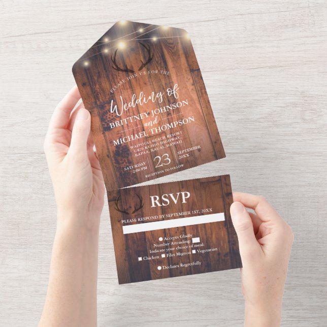 Invitation Tout En Un Bois Rustique Antler Éclairage Mariage Tout En (Déchirure)