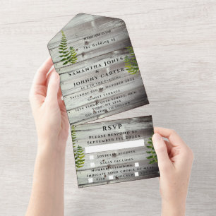Invitation Tout En Un Bois rustique Automne Fern Grange Mariage campagna