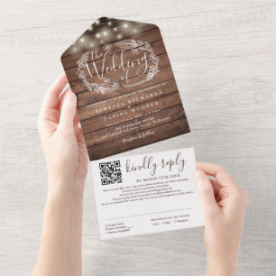 Invitation Tout En Un Bois rustique éclaire le Mariage de code QR Floral