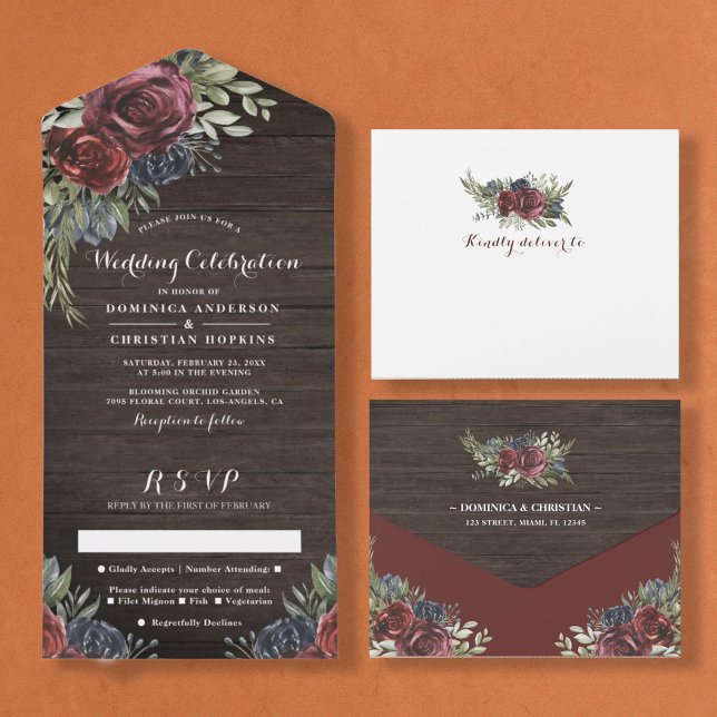 Invitation Tout En Un Bois rustique | Mariage campagnard Floral d'hiver (Créateur téléchargé)