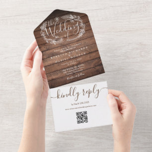 Invitation Tout En Un Bois rustique QR Code Monogramme Floral Mariage