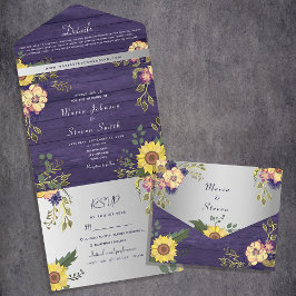 Invitation Tout En Un Bois rustique violet Mariage floral