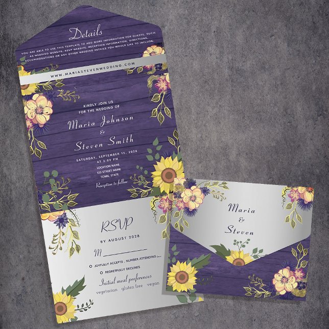 Invitation Tout En Un Bois rustique violet Mariage floral (Créateur téléchargé)