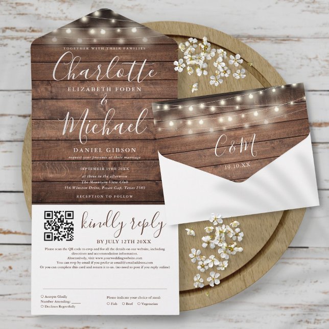 Invitation Tout En Un Bois rustique voyants Mariage de code QR (Rustic Wood String Lights QR Code Wedding All In One)