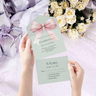 Invitation Tout En Un Bois sauge vert rose Quinceanera rsvp